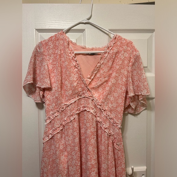 Women's Spring Summer Casual Deep V Neck Ruffle Short Sleeve Floral Midi Dress - Picture 6 of 10